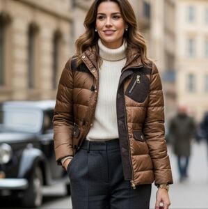 Chiseled Women's Brown Gold Zip Puffer Jacket Size L Elbow Patches Preppy 128